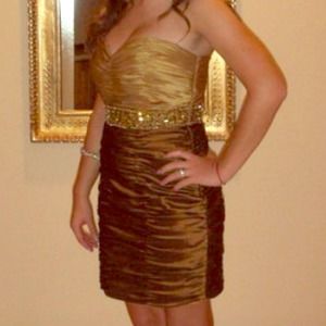 Terani couture ruched beaded cocktail dress.