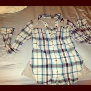 BkE button up blue flannel with lace