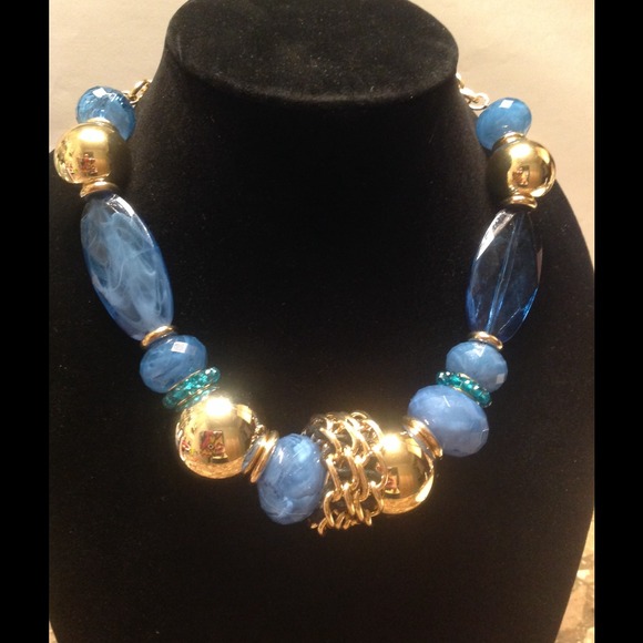 Royal Chunky Blue & Gold Tone Necklace and Earrings Maximalist Beaded - Picture 5 of 6