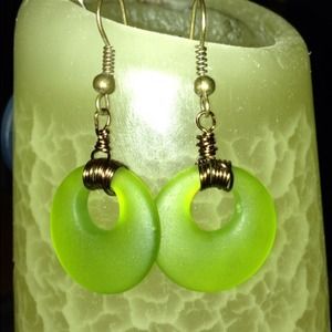Green frosted glass and brass earrings