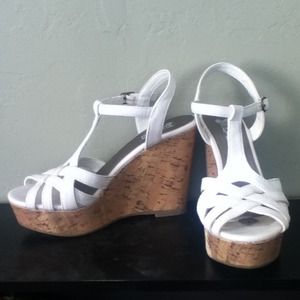 White t-strap wedge sandals