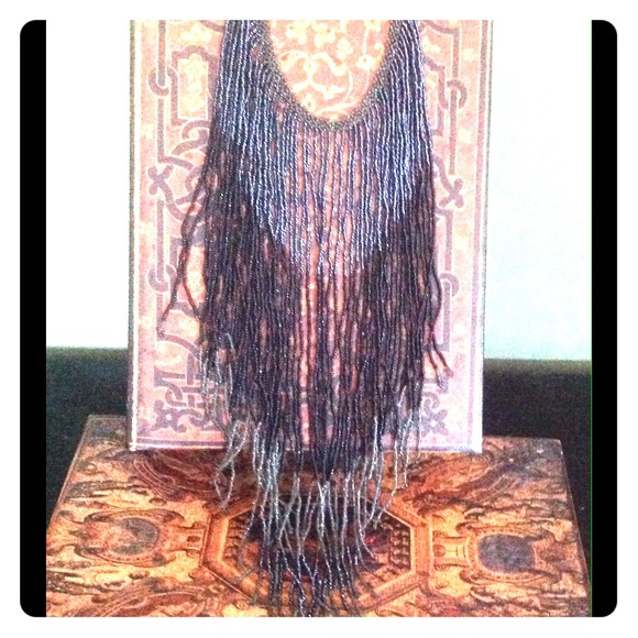 Disco Beaded Blue Black Gray Necklace Collar - Picture 1 of 4