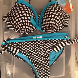 NWT black/white/turquoise heart bikini