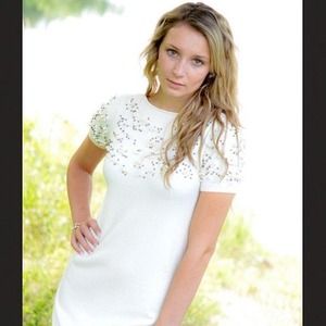 White sweater dress with pearl detail