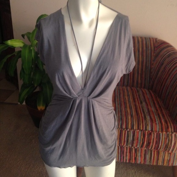 Sold- LA Rok Tie Neck Grey Shirt sz M