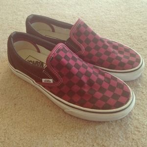 Burgundy and black checkered vans