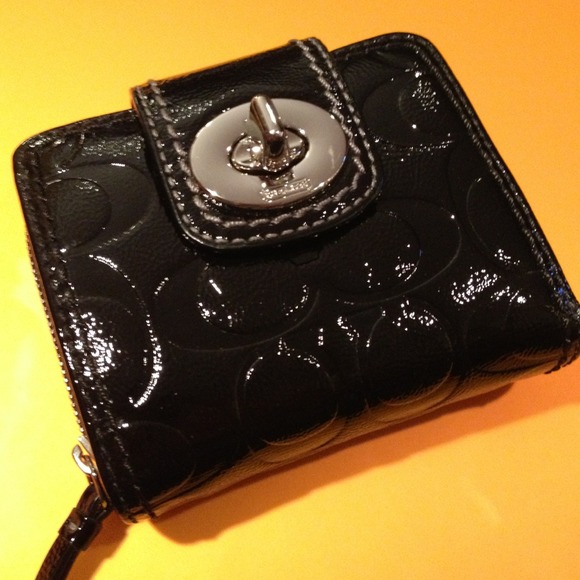 Auth Black Patent Leather Coach Wallet with buckle