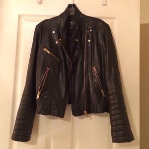 MANGO Black Leather Moto Jacket, Large