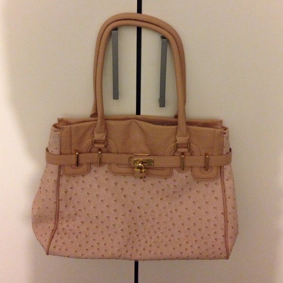 Blush pink ostrich print handbag