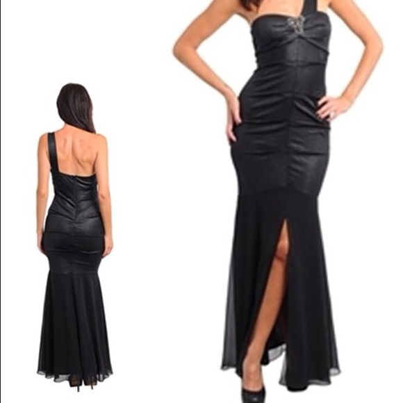 💐🟡Black 1 Shoulder Gown W/Brooch-Medium - Picture 1 of 5