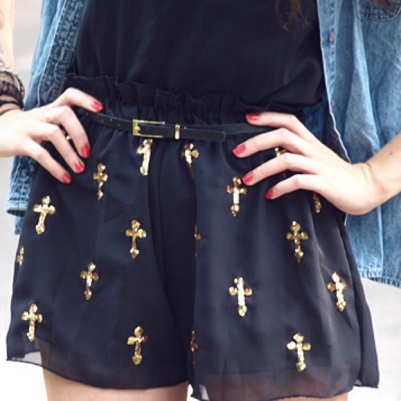 Black Sheer Chiffon Short Shorts w/ Gold Cross XS - Picture 2 of 2