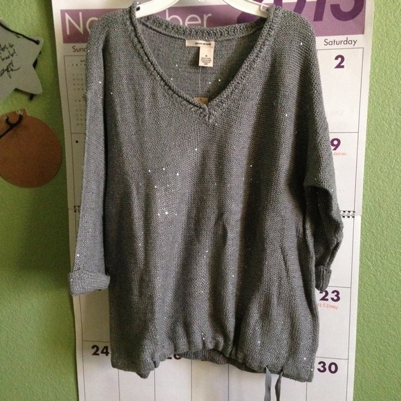 DKNY grey knitted sequin sweater with tie NWT