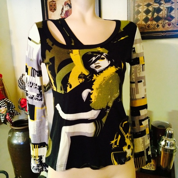 Profile hipster brown 60s print top shirt m