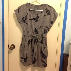 Grey dress with birds, pockets, and a tie waist