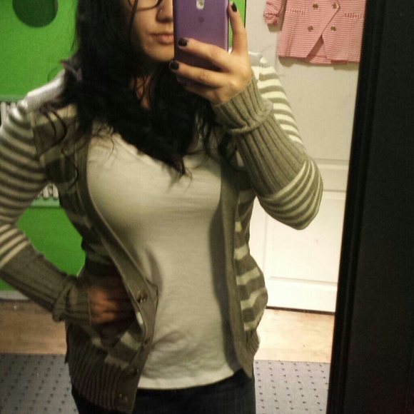 White and grey striped sweater