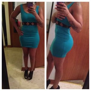 Teal party dress with cut out midriff