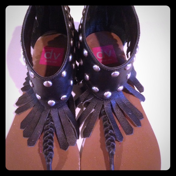Dolce Vita stone flat fringe sandals.