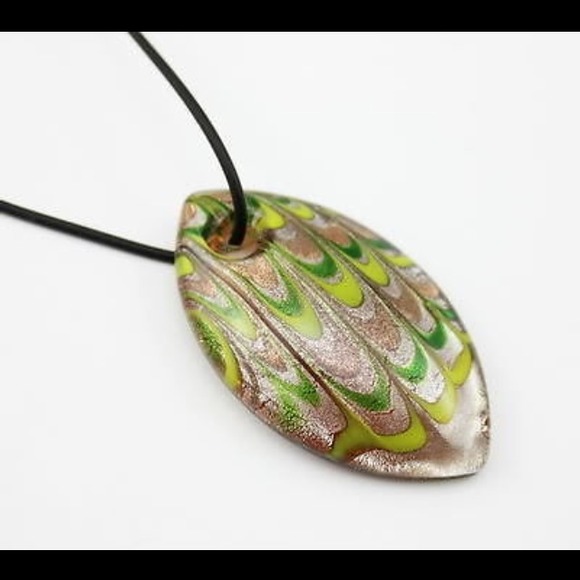 Glass peacock necklace tail in leaf-shaped pendant