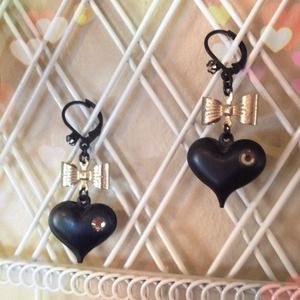 Betsey Johnson Black Heart and Gold Bow Earrings
