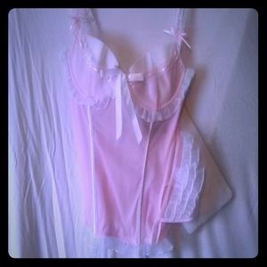 Flirty pink corset with ruffled panty & thigh high