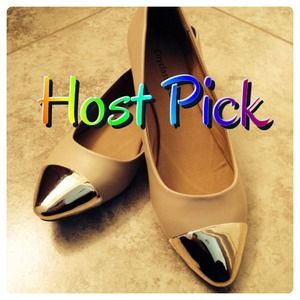 🎁HP🎁NWOT nude flats with gold pointed cap toe.
