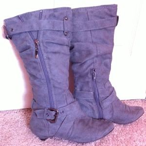 Gray suede boots with zippers and buckles