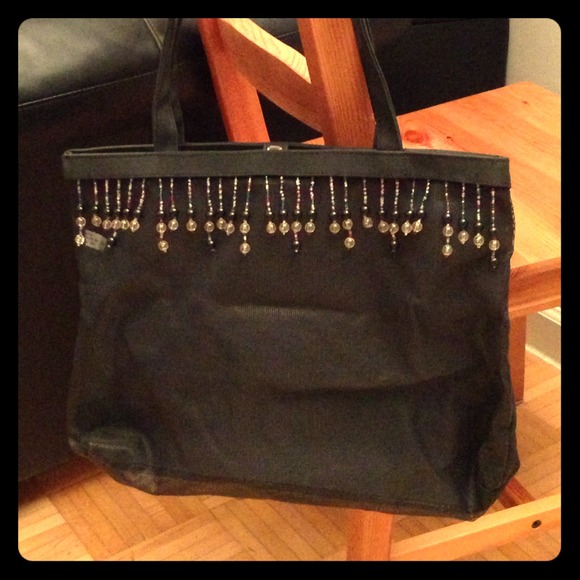 Black & mesh beaded tote bag