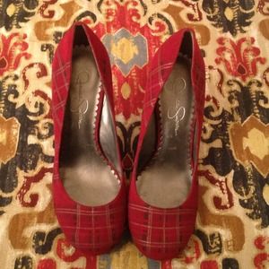 Jessica Simpson red plaid pumps