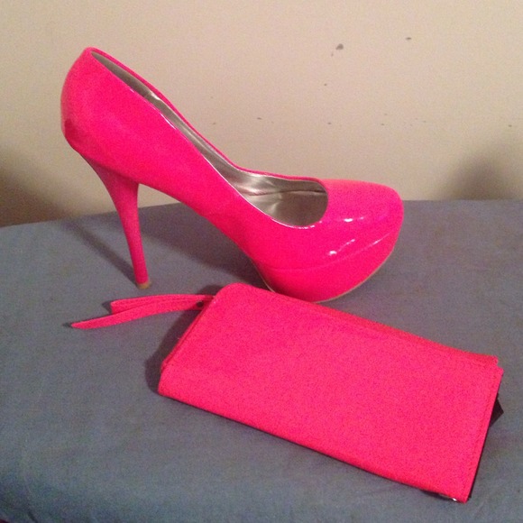 Neon pink shoes and clutch