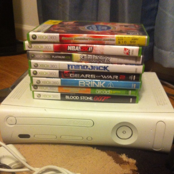 Xbox 360, games, headset, 3 controllers.