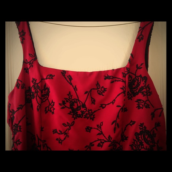 Formal Red and Black beaded floor length gown.