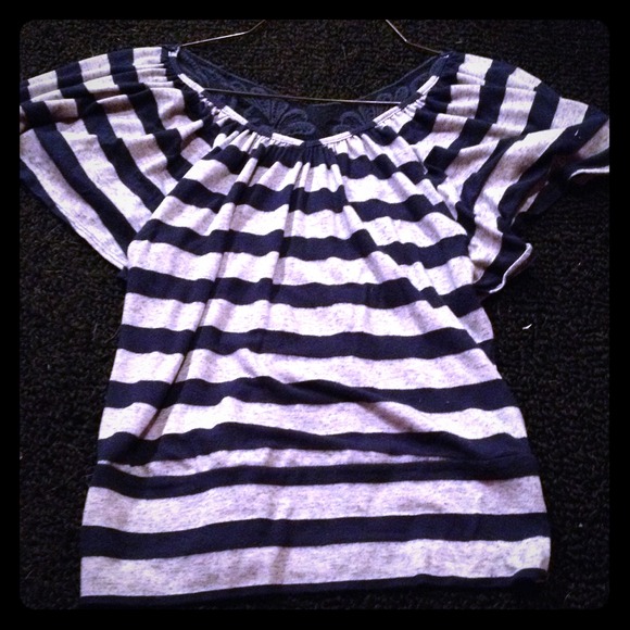 Blue & gray v-neck with lace back.