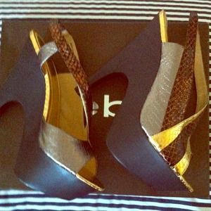 Bebe-- Pewter, gold, and bronze heels