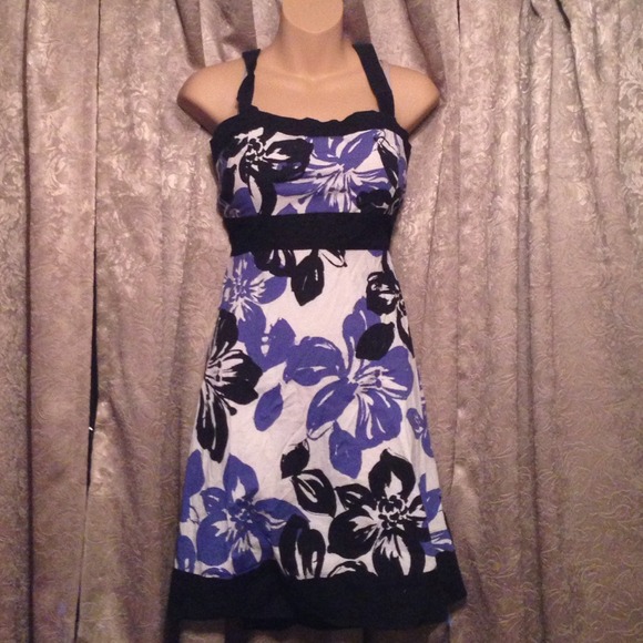 White and blue floral dress outlined in black