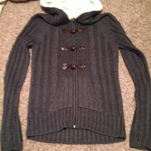 Grey cable know zip up jacket with Sherpa hood!