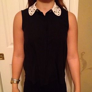 High-Low Sleeveless Button Down w/ Beaded Collar