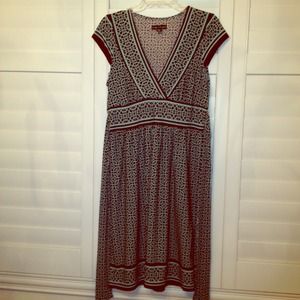 Cap sleeve jersey knit dress, brown and blue