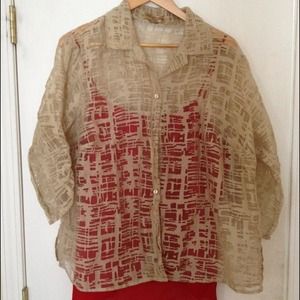 Tan sheer patterned blouse.