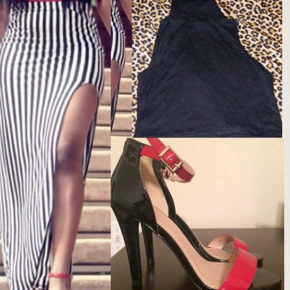 Stripped Skirt; Ankle Strap Heels; Crop Top