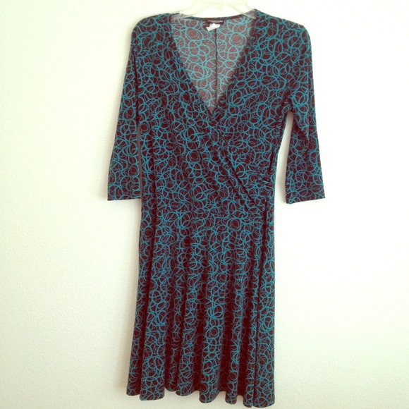 Turquoise and Brown Long Sleeve Faux Wrap Dress