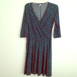 Turquoise and Brown Long Sleeve Faux Wrap Dress