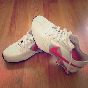 Pink, white and silver Nike Shox