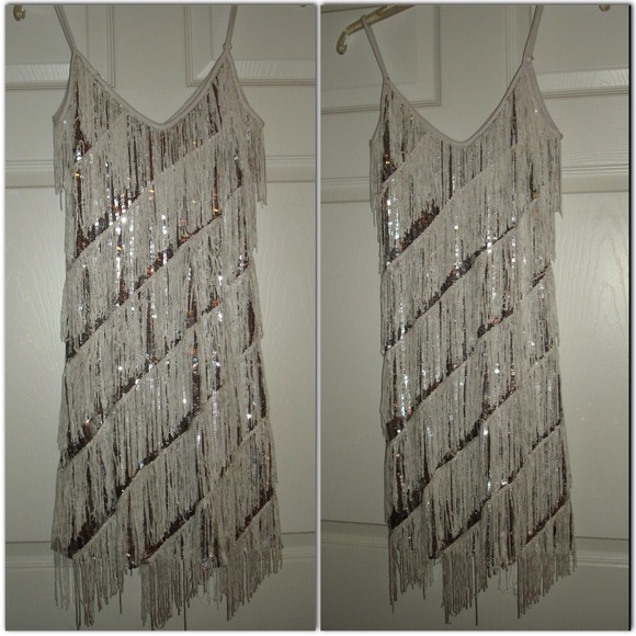 🔴SOLD! White Fringe Sequin Sparkle Dress Flapper