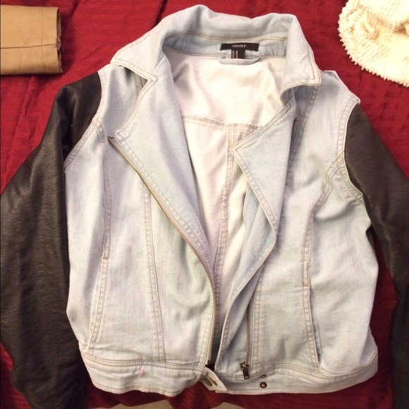 Leather sleeved denim coat