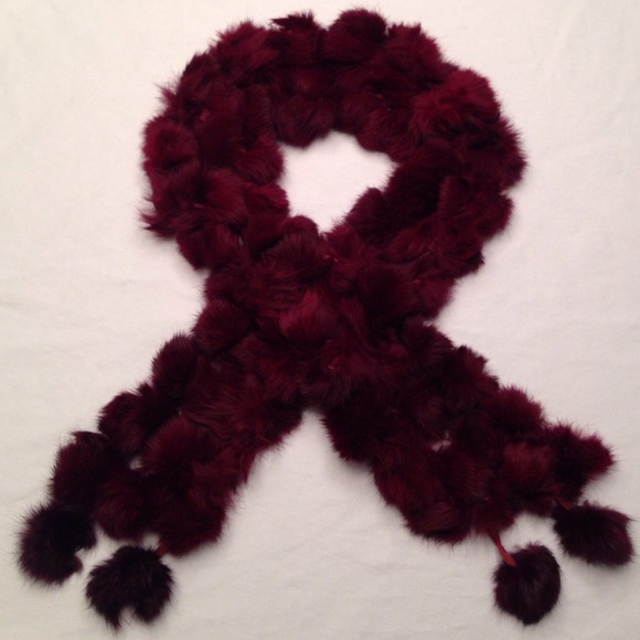 Burgundy rabbit fur ball scarf