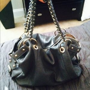 Gray Faux Leather Handbag w/ Gold Detailing