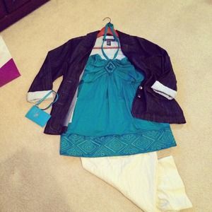 Teal halter w/ embroidery on top & bottom of top