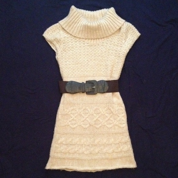 Cowl neck tunic sweater with brown belt