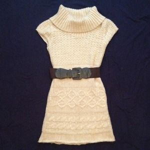Cowl neck tunic sweater with brown belt