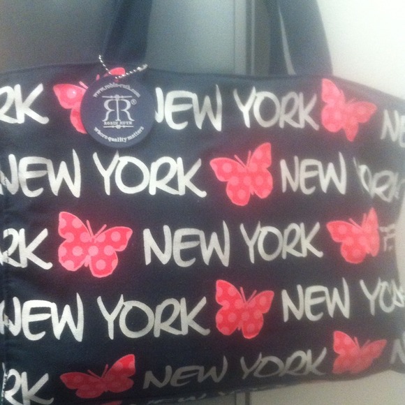 navy blue and pink butterfly ny tote